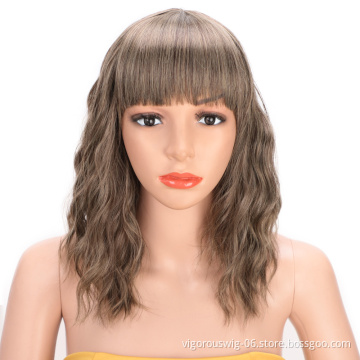 Vendors Colorful Fiber Brown Bob With Bang Cut Short Water Curly Heat Resistant Cheap Cosplay Synthetic Hair Wig
